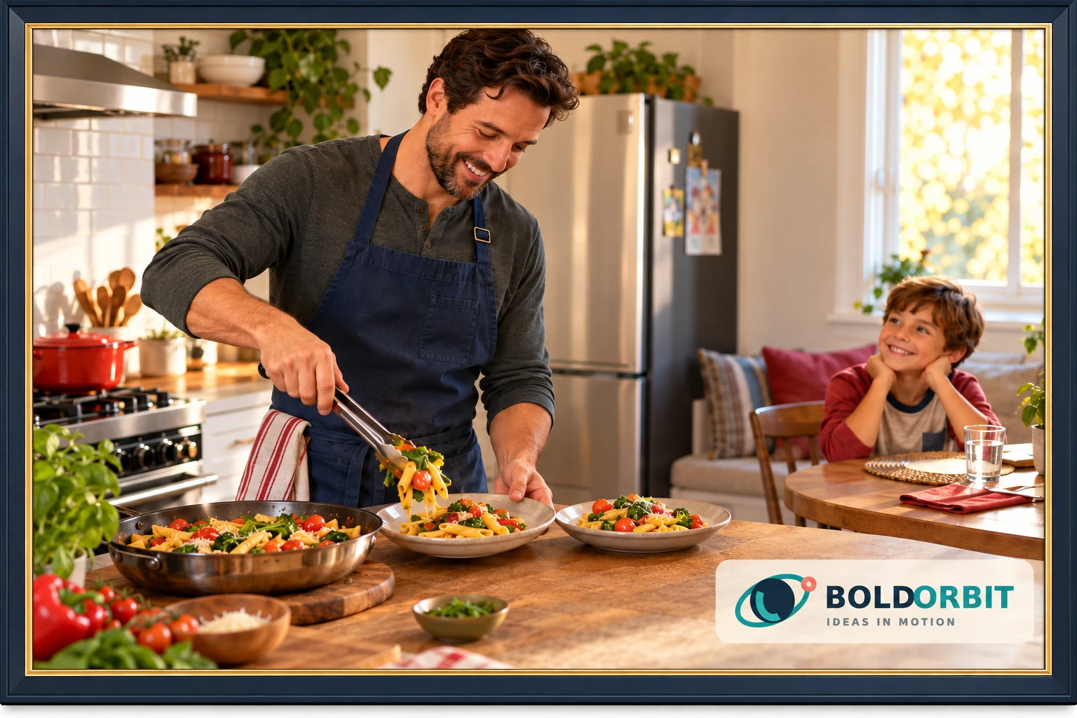 A father serving dinner for his son, in a navy and gold frame with the BoldOrbit logo inside the photograph
