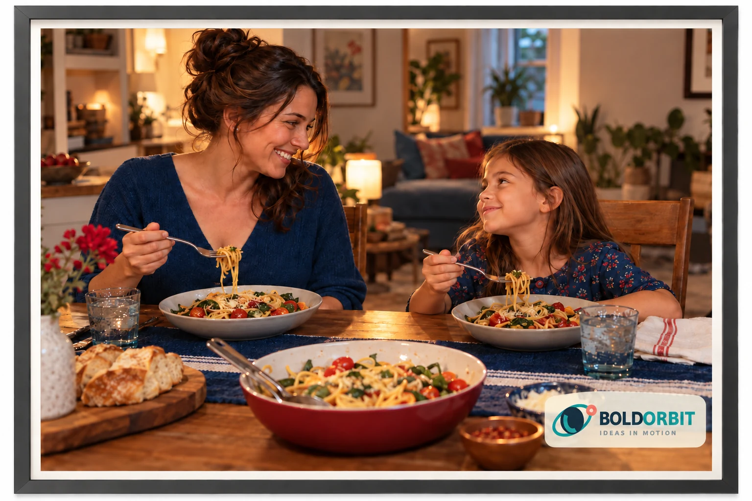 A mother and daughter enjoying dinner in a simple modern frame, with the BoldOrbit logo inside the photograph